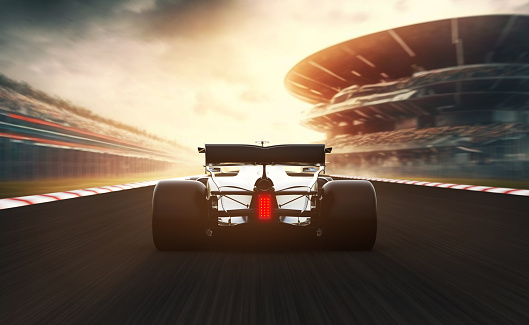 rear view of fast moving generic silver open-wheel single-seater racing car  race car leading  on a race track, motion blur,  3D render, car of my own design.