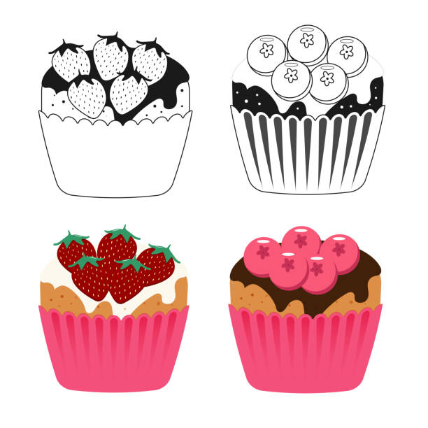 illustrazioni stock, clip art, cartoni animati e icone di tendenza di illustrazione del set di vettori di cupcake isolata su priorità bassa bianca - fruitcake food white background isolated on white