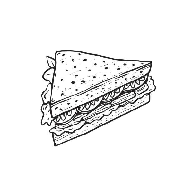 illustrations, cliparts, dessins animés et icônes de sandwich dessiné à la main noir couleur croquis gravure style vectoriel illustration d’art. - sandwich sketch cartoon line art
