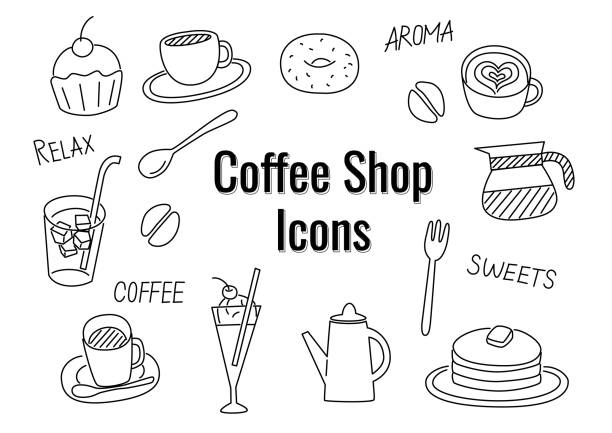 ilustrações, clipart, desenhos animados e ícones de conjunto de ícones de estilo manuscrito da cafeteria - coffee bagel donut coffee cup