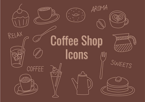 illustrazioni stock, clip art, cartoni animati e icone di tendenza di set di icone di stile scritte a mano per la caffetteria - coffee bagel donut coffee cup