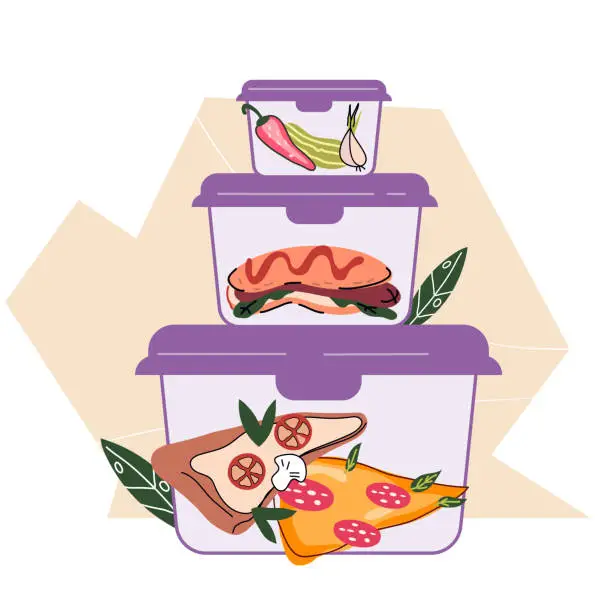 Vector illustration of Plastic storage containers with food flat cartoon vector illustration isolated.