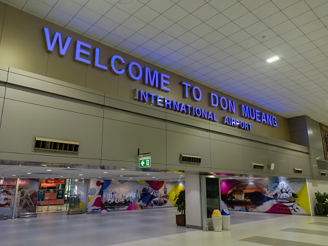 Bangkok, Thailand. December 7, 2022. Sign welcoming arriving passengers to Don Mueang airport in Bangkok.