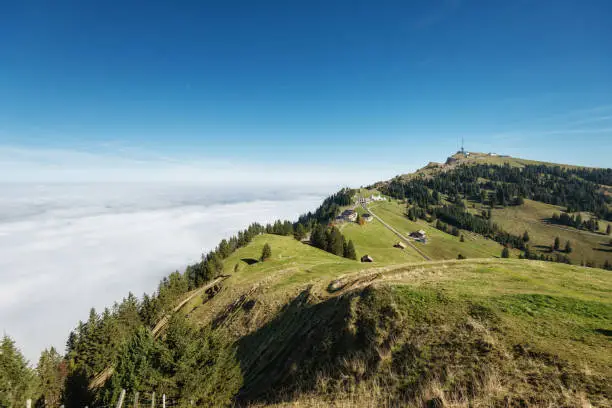 Tourists can reach mountain peak Rigi easily by taking the railway train from Lucerne, Switzerland. The area is also a beautiful hiking area.