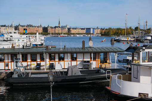 Boats and yachts in marina in Stockholm, Stockholm County, Sweden