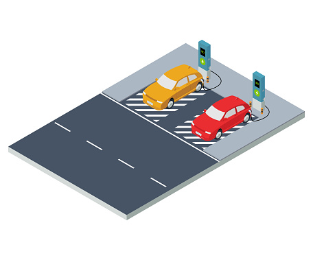 Electric Car Charging in Charge Station. Isometric Projection Vector Illustration.