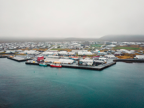 Grindavik fishing town by the sea in Iceland. Harbor by the sea. Cold autumn day in Iceland High quality photo