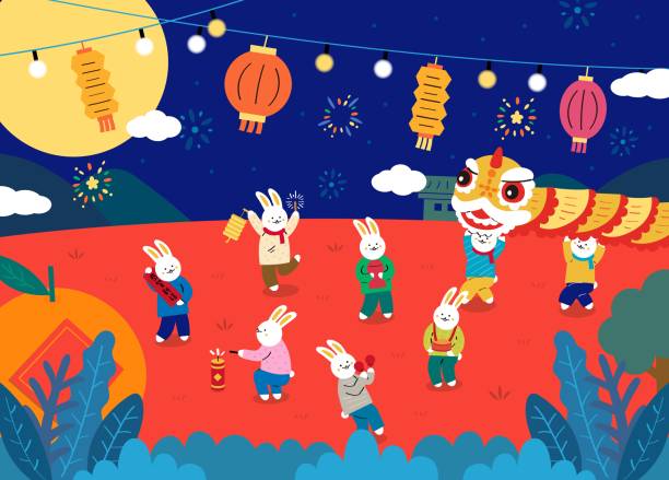 rabbits are celebrating lunar new year, translation-i wish you best wishes for a happy new year - 元宵節 幅插畫檔、美工圖案、卡通及圖標