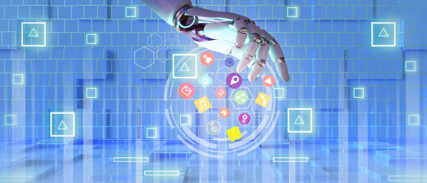 istock Abstract Background. Futuristic Cyber technology with Ai hands and internet connectivity to communicate through application concept on Blue. copy space, software, digital, banner -3d Rendering 1451702398