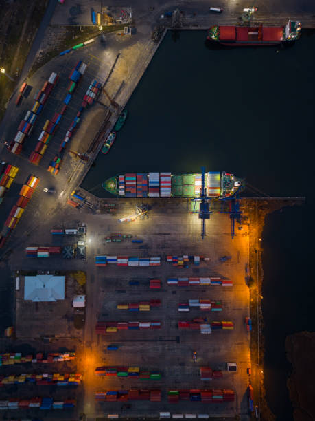Aerial drone view of Large car cargo ship entering the port in Varna stock photo