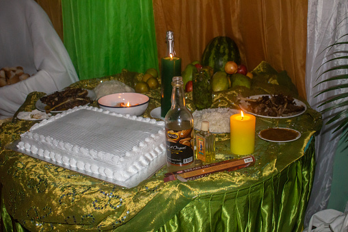This image was taken in Delmas, Haiti, on December 21, 2022, It is food for the voodoo spirits, it is the tradition when there is a voodoo ceremony, we prepare food for the spirits.