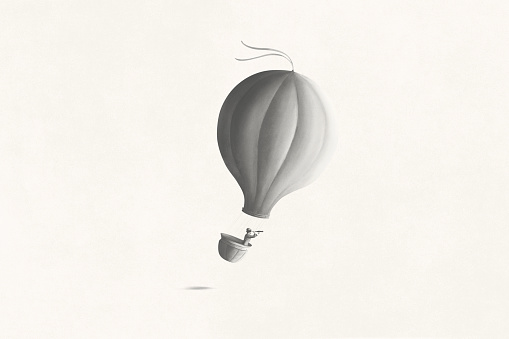 Illustration of surreal dream on business man flying on a big air balloon, abstract concept