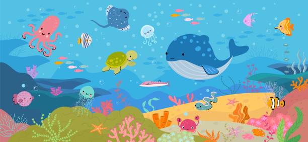 水中の世界、海の動物、そして自然。美しい漫画の水族館の背景。海のタコとクジラ、海洋生物の今日のベクター画像シーン - turtle backgrounds humor vector点のイラスト素材／クリップアート素材／マンガ素材／アイコン素材
