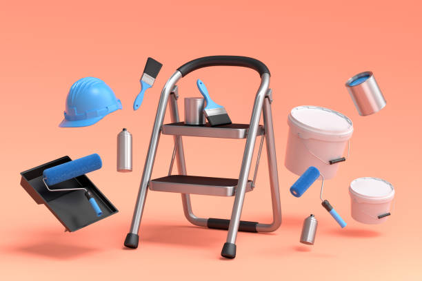 istock Set of folding ladder, bucket, helmet with paint rollers and brushes on orange 1451707402