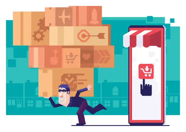 Vector illustration of thief carrying stack of cartons and leaving online store on smartphone