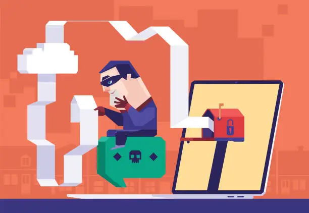 Vector illustration of hacker checking data list downloaded from mailbox on laptop