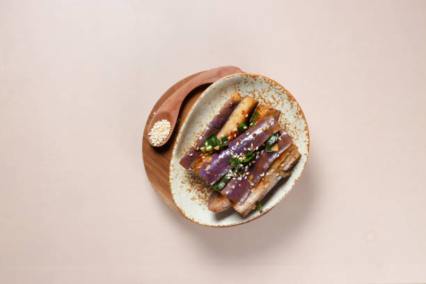 Korean Food, Steamed Eggplants. Gaji Namul is a Simple Korean Side Dish made with Steamed Eggplants. banchan stock pictures, royalty-free photos & images