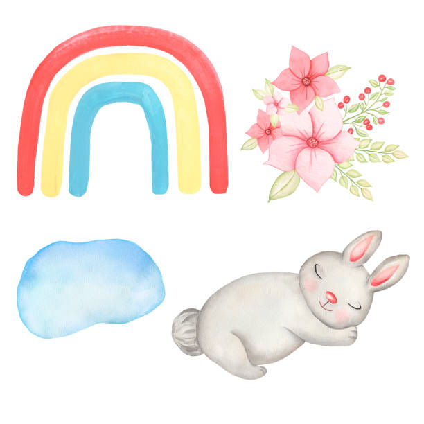 Watercolor hand painted set with floral bouquet, sleeping bunny, cloud and rainbow. Baby shower graphics, kids illustrarion. Little rabbit, Rainbow illustration. Florals clipart. Watercolor hand painted set with floral bouquet, sleeping bunny, cloud and rainbow. Baby shower graphics, kids illustrarion. Little rabbit, Rainbow illustration. Florals clipart. little rainbow clipart patterns stock illustrations