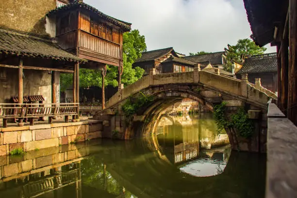 Stone Bridge and traditional Chinese wooden house in Wuzhen Village in the morning