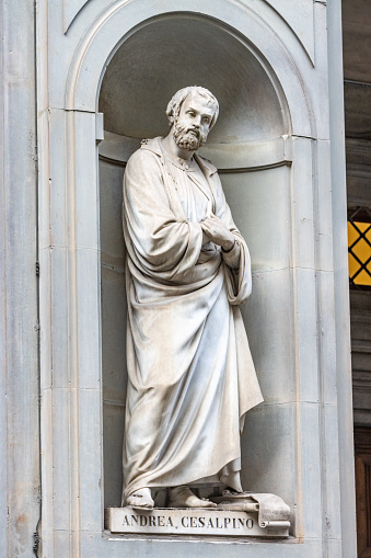 Andrea Cesalpino (1524-1603) in the public open spaces called Niches of the Uffizi Colonnade in Florence, Italy. He was a physician, philosopher and botanist. It was sculpted by Pio Fedi (1815–1892).