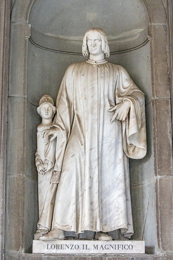 Lorenzo di Piero de' Medici (1449-1492) was an Italian statesman, banker, de facto ruler of the Florentine Republic, and an advocate and patron of the Renaissance in the Niches of the Uffizi Colonnade in Florence, Italy