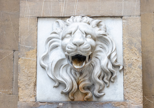 Ancient Marble Lion Head Bas-Relief on the Wall. Architecture Details Close Up.