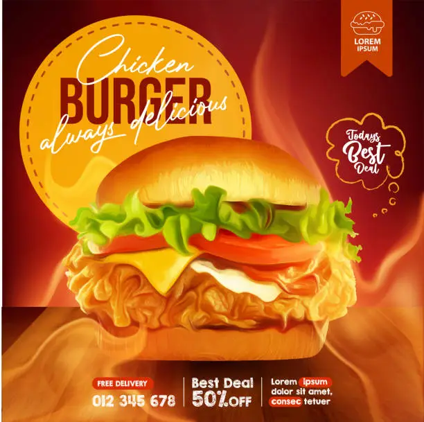 Vector illustration of Delicious spicy fried chicken burger ads with burning fire