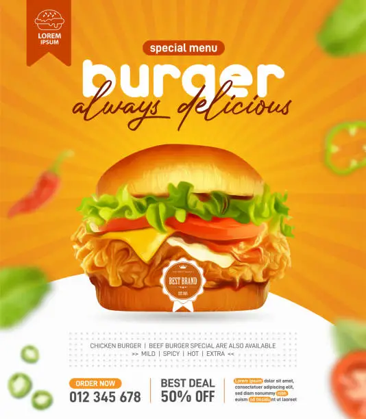 Vector illustration of Fresh tasty burger promotion in 3d illustration