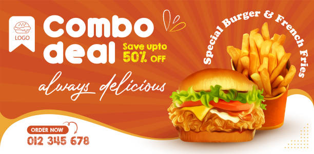 맛있는 햄버거와 음식 메뉴 소셜 미디어 배너 템플릿 - hamburger bun barbecue sign stock illustrations
