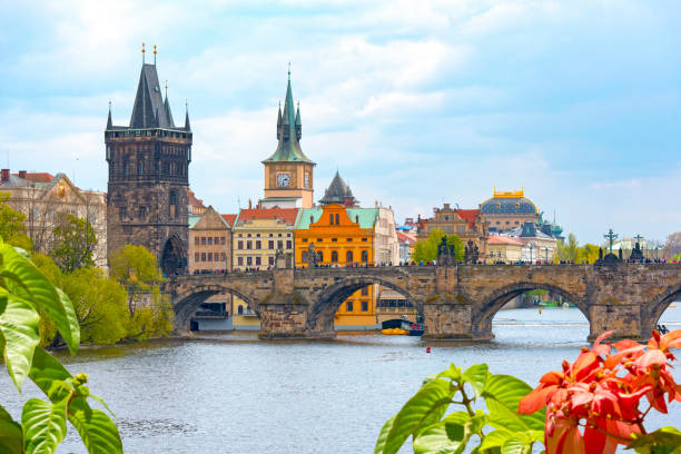 istock Prague spring cityscape with Charles Bridge, Vltava river, tower and medieval architecture 1451726063