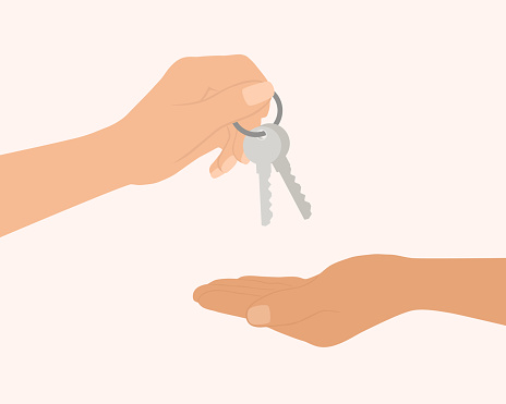 Hand Giving Keys To Another Hand. Buying, Renting House Concept