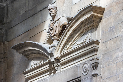 Bust from High Renaissance at Piazza della Signoria in Florence at Tuscany, Italy. This is located in a public square and is visible to the public.