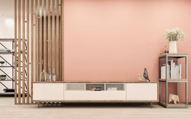 istock Modern living room with a cabinet and paneled wall divider 1451730737