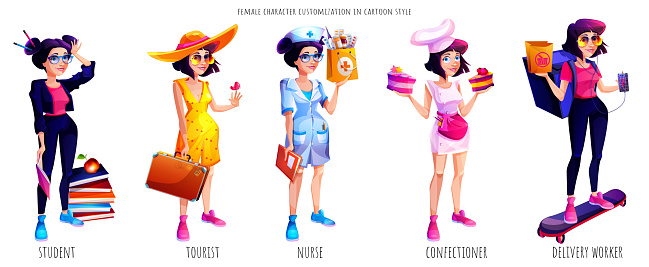 Woman character customization concept in cartoon style. Female student, tourist, female doctor, confectioner and courier on an isolated white background.