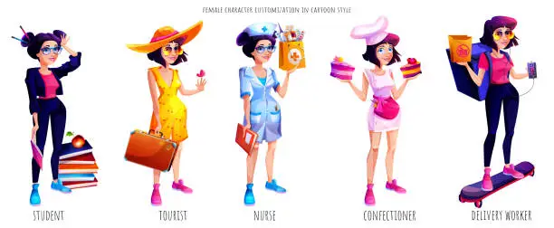 Vector illustration of Woman character customization concept in cartoon style. Female student, tourist, female doctor, confectioner and courier on an isolated white background.