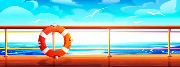 Vector illustration of Vacation and sea travel concept in cartoon style. The deck of a ship with a life buoy against the backdrop of a seascape.