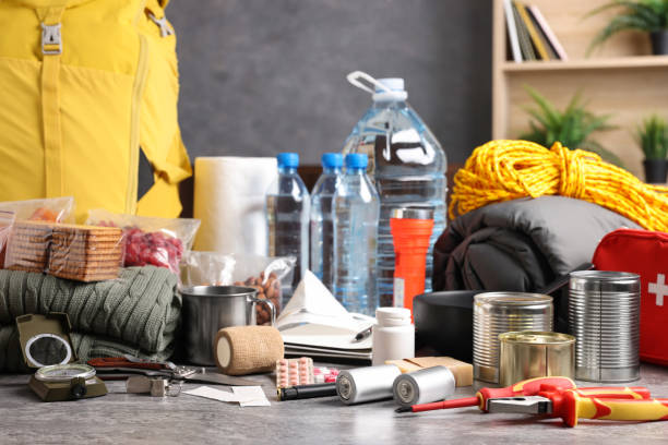 istock Disaster supply kit for earthquake on grey table indoors 1451734007