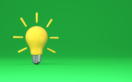 3d Render Yellow 3D Light Bulb on Endless Green Background, idea concept (Close-up)