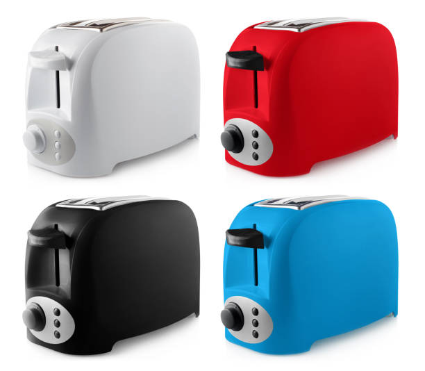 istock Collection of white, red, black and blue bread toasters, on white 1451742356