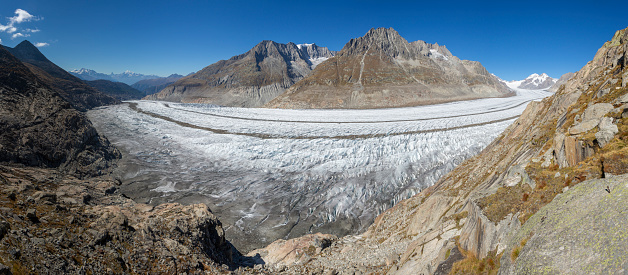 Great Aletsch Glacier near the Marjelensee lake (Valais, Switzerland). In the distance is the Matterhorn vissable.