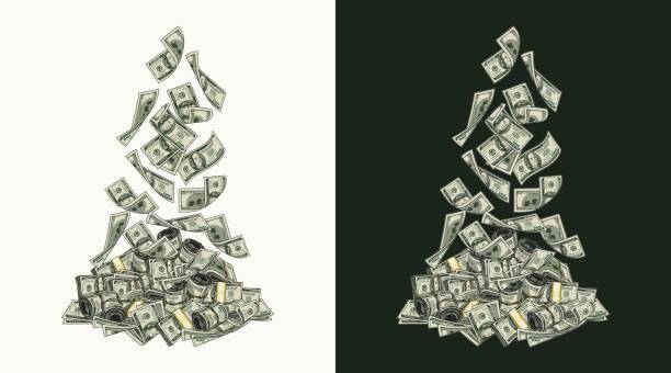 ilustraciones, imágenes clip art, dibujos animados e iconos de stock de cayendo de billetes de más de 100 dólares a un montón de dinero. pila de dinero en efectivo - billete de cien dólares estadounidenses