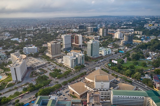 A, Ghana – November 04, 2022: aerial of City centre in Accra, Ghana