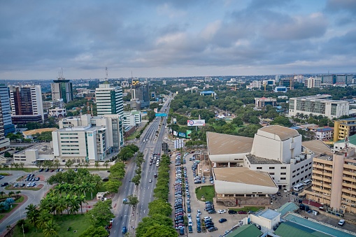 Accr, Ghana – November 04, 2022: aerial of City centre in Accra, Ghana