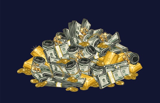 Big pile, heap of cash money, gold ingots, coins. Colorful vintage illustration with money rolls, wads, stacks of US 100 dollar bills on dark background. Concept of wealth and success.