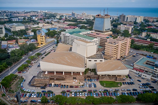 Accra, Ghana – November 04, 2022: aerial of City centre in Accra, Ghana