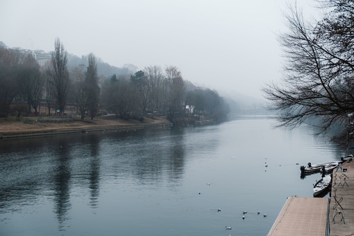 A river flowing across a peaceful park on a cold, slightly misty day