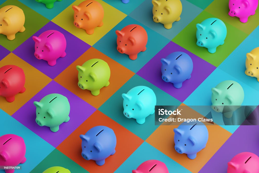 Array of piggy banks in saturated colours on high colour contrast background. Illustration of the concept of bank savings, financial investment and multiple sources of income Savings Stock Photo