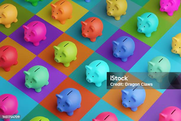 Array Of Piggy Banks In Saturated Colours On High Colour Contrast Background Illustration Of The Concept Of Bank Savings Financial Investment And Multiple Sources Of Income Stock Photo - Download Image Now