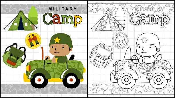 Vector illustration of Coloring book of soldier cartoon on military vehicle, military element illustration