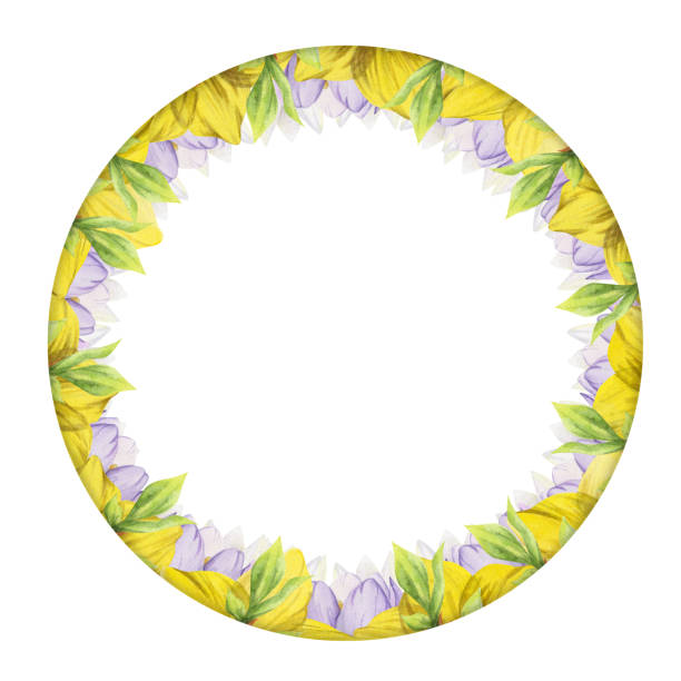 istock Watercolor hand drawn circle wreath with spring flowers, daffodils, crocus, snowdrops, leaves. Isolated on white background. Design for invitations, wedding, greeting cards, wallpaper, print, textile. 1451755924